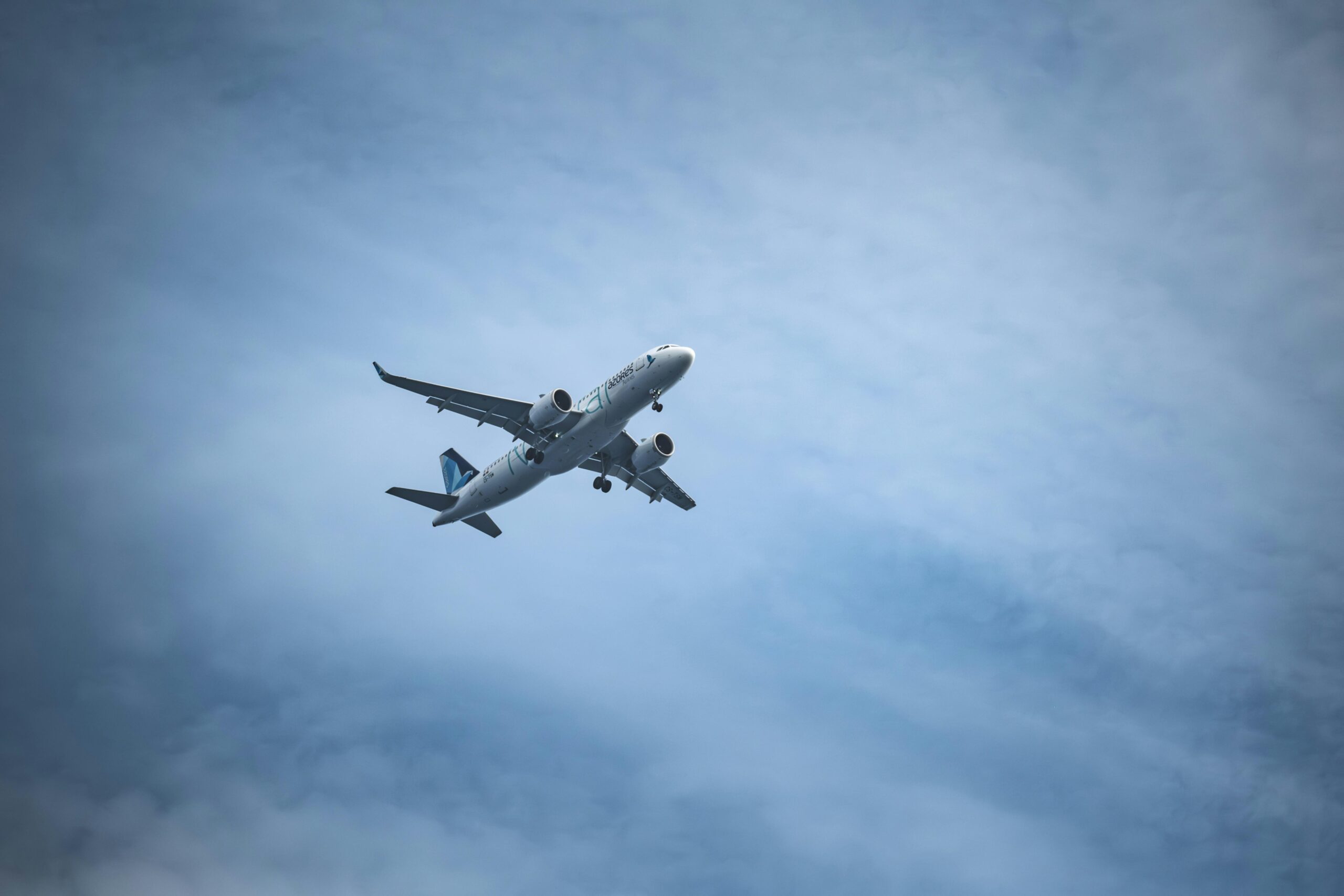 Airplane soaring through a clear blue sky, capturing a dynamic aerial view. kali travels